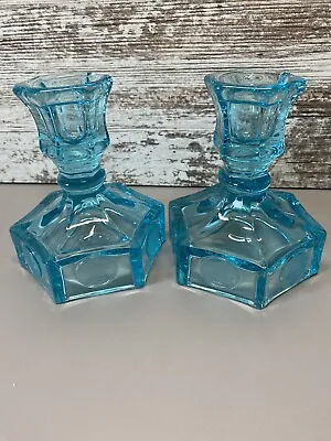 Buy Vintage Fostoria Glass Candlestick Holders Blue Liberty Bell 4.5” Tall Set Of 2 • 14.20£