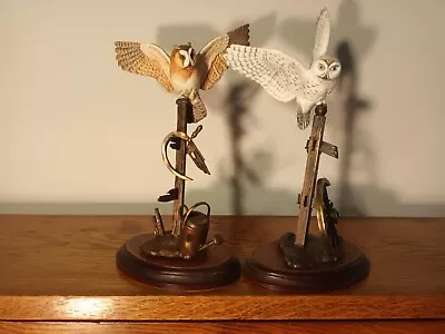 Buy Two Figurines Of Long Eared And Snowy Owl - Porcelain And Bronzed Metal • 60£