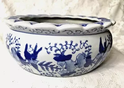Buy Chinese Blue And White Bowl / Planter Birds And Flowers Pattern 18cm Diameter • 65£