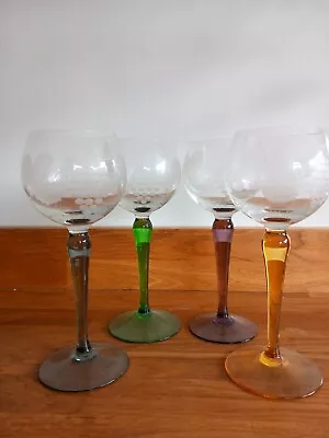 Buy 4 Vintage  Clear Hock Glasses Etched Grape Vine Design Different Colour Stems  • 25£