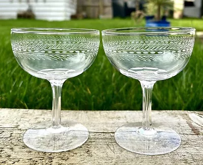 Buy TWO ANTIQUE CHAMPAGNE GLASSES ENGRAVED WITH PETAL CUT STEMS C1900 • 39£