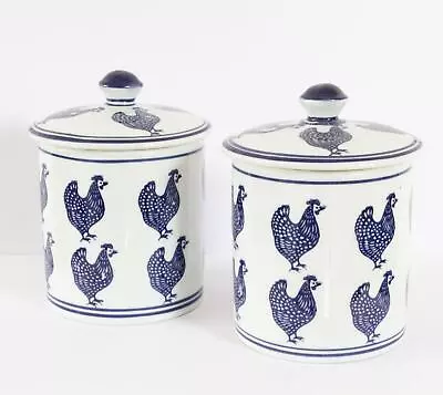 Buy Gisela Graham Stoneware 2 Lidded Storage Jars White & Blue Chickens Shabby Chic • 6.50£