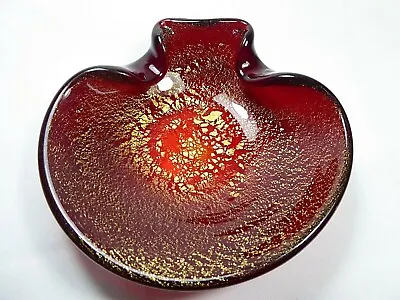 Buy Vintage Murano Ruby Red Scallop Bowl With Gold Inclusions • 45£