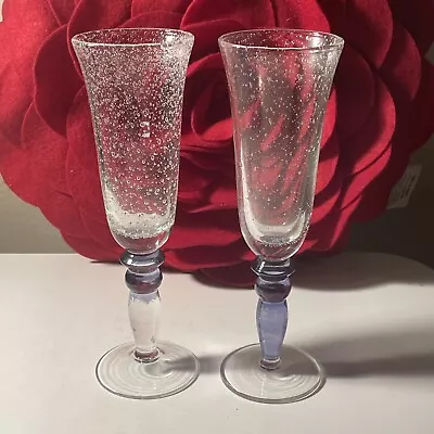 Buy 2 Pottery Barn Hand Blown Clear Bubble Effect Flute Goblets With Blue Stem Base • 23.98£