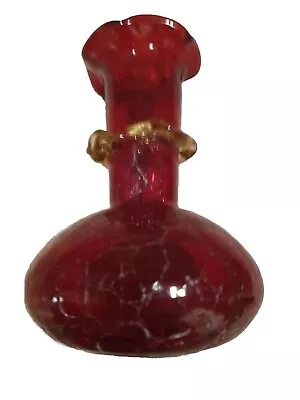 Buy Blenko Ruby Red Crackle Glass Bud Vase With Applied Gold Trim, Sturdy Vtg MCM  • 43.14£