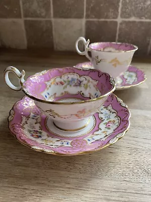 Buy Coalport Tea & Coffee Cup & 2 Saucers Adelaide Shape Gold Pink White C1820 - 40 • 26£