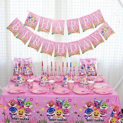 Buy PINK Baby Shark Kids Birthday Party Supplies Tableware Decors Cups Plates • 54.99£