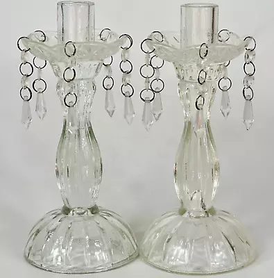 Buy Vintage French Pair Of Clear Glass Candlesticks With Hanging Droplets • 32£