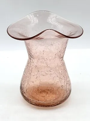 Buy Vintage Hand Blown Pink Crackle Glass Small Vase With Ruffle Collar 5in • 13.06£