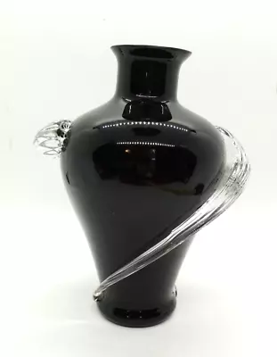 Buy Vintage Black Amethyst Art Glass Vase With Clear Glass Swirls Art Deco Style • 43.43£