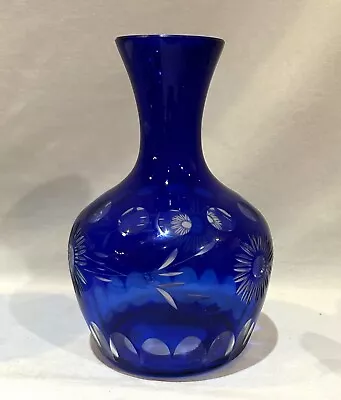 Buy Cobalt Blue Cut To Clear Glass Crystal Vase 6.25  Bohemian Etched Flower • 24.01£