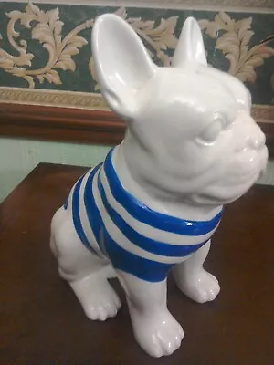 Buy French Bulldog Figure In White  Pottery With Blue  Stripes 9  High- In Vgc • 7.29£