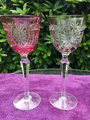 Buy Vintage Bohemian Colour Flash Cut Crystal Hock Wine Glass X 2 Glasses 21.5 Cm H • 69£