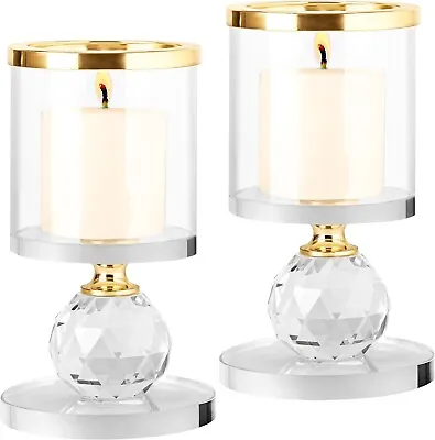 Buy (2 Pack) Gold Crystal Pillar Candle Holders - 12.3cm/4.84 Inches Tall - Clear • 21.59£