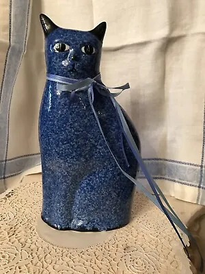 Buy Vintage  Country Calico Cat Figurine/Taiwan/Dark Blue Sponge Ware/10”T/3”W/ Mint • 27.99£