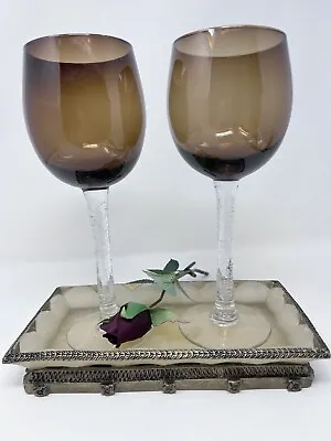 Buy 2 Pier  Brown Smoke Crackle Glass Wine Water Goblet Glasses Mouth Blown W/ Tray • 20.82£