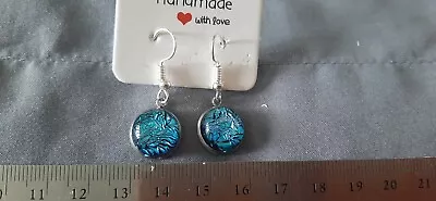 Buy Handmade Fused Dichroic Glass Earrings - Blue Crackle • 5.50£