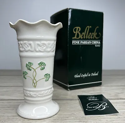 Buy Belleek Tara 6” Tall 3.5” Wide Scalloped Green Shamrock Irish Porcelain Vase • 23.95£