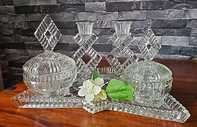 Buy Vintage Art Deco Clear Glass Vanity Dressing Table Set Candlesticks Pots Tray • 20£
