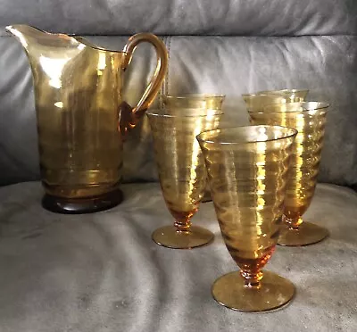 Buy Vintage Amber Jug With Ice Lip & 5 Glass Amber Tumblers Glasses Summer Retro Mcm • 23.99£