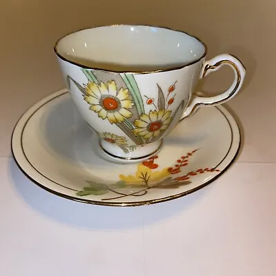 Buy Delphine Made In England China Tea Cup Saucer Yellow Orange Flowers Leaves  • 21.23£
