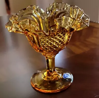 Buy Fenton Amber Glass Diamond Point Ruffled Paneled  Compote Candy Dish Vintage • 7.59£