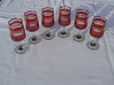 Buy Set Of 6 Ruby Iridescent & Clear Sherry/liqueur Glasses Gold Highlights C1930/40 • 22.99£