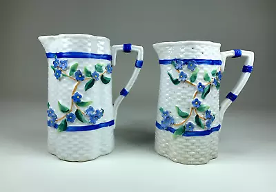 Buy Pair Of Circa 1920's Basket Weave Style Jugs Decorated With Blue Flowers • 8.50£