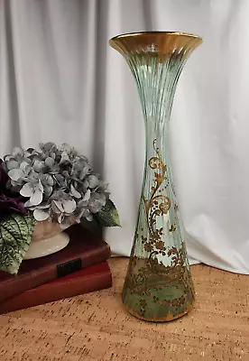 Buy Antique Green Baccarat Enameled Art Glass Vase 15.5“ Tall • 944.99£