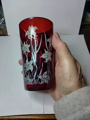 Buy Vintage Ruby Red Drinking Glass With Floral Design • 4.80£