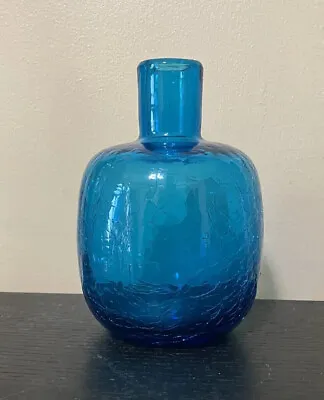 Buy Blenko 6434 Vtg Blue Crackle Art Glass Bottle Vase Mouth Blown 5.5” X 4” MINT • 42.63£
