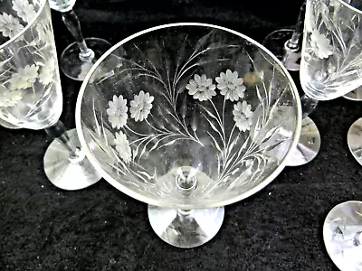 Buy 6 Elegant France Hand Blown Crystal Floral, Etched, Cut, Paneled Wine Glasses • 56.89£