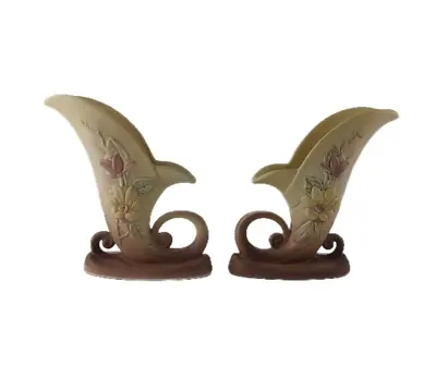 Buy Pair (2) Hull Art Pottery Magnolia Cornucopia Vase Mauve Yellow USA 19-8 ½   MCM • 44.36£