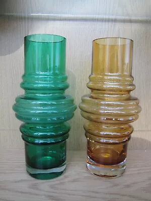 Buy  Vintage Riihimaki. Two Glass Tulip Vases. Green & Amber .Designer Tamara Aladin • 39£