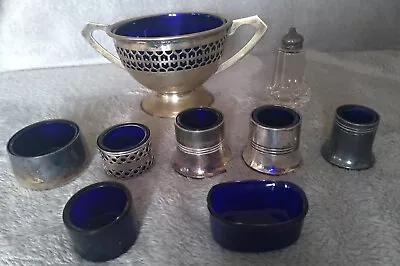 Buy Joblot Antique/art Deco Collection Bristol Blue Glass Liners+holders.salt Shaker • 11£