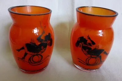 Buy Pair Small Vintage Art Deco Orange Czech Tango Glass Silhouette Decorative Vases • 50£