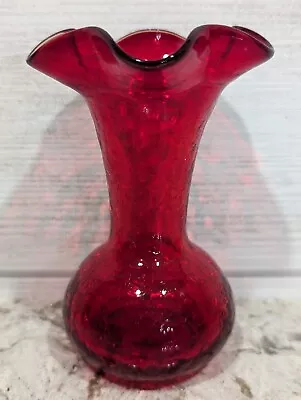 Buy Vintage Crackle Glass Vase 5  Hand Blown Ruby Red Amberina Vase With Ruffle Top • 17.99£