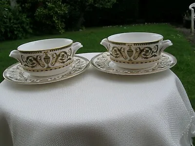 Buy 2 Royal Worcester Windsor Pattern Cream Soup Coupes & Saucers Green & Gold • 50£
