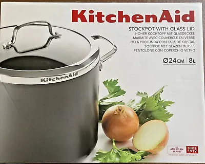 Buy KITCHEN AID Pot, Black Stockpot With Glass Lid 24cm / 8L, Rrp:£135 New • 45£