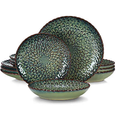 Buy Vancasso CHRYS Dinner Set 12 Piece Stoneware Plate Bowl Set Service For 4 Green • 59.99£