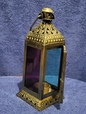Buy Vintage Metal  Antique Style Lantern Candle Holder With Coloured Glass  • 20£