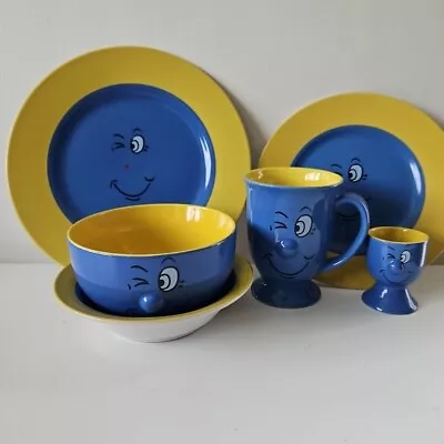 Buy Trade Winds Funny Faces Crockery Set Bowls Mug Plates Egg Cup Blue Yellow Mint • 35.99£