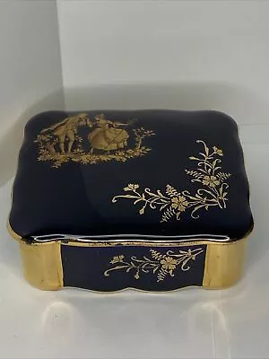 Buy VTG FM Limoges Trinket Box Cobalt Blue Courting Couple Gold Gilt Rectangle • 18.89£