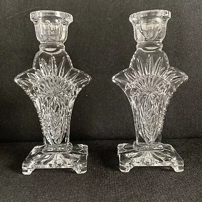 Buy Pair Of Vintage Art Deco Clear Glass Candlesticks Candle Holders ~ Fan Style 7  • 22.99£