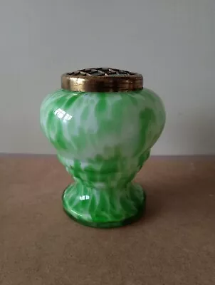 Buy Vintage Art Deco 1930s Bohemian Czech Green & White Splatter Glass Posy Vase Urn • 25£