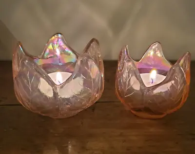 Buy Pair Of Vintage Art Glass Iridescent Pink Bowls/candle Holders. • 16£
