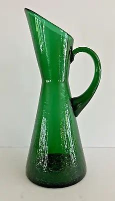 Buy Mid Century Pilgrim Art Glass Emerald Green Crackle 12” Pitcher • 37.60£