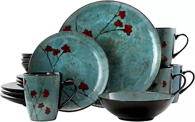 Buy Round Stoneware Floral Dinnerware Dish Set, 16 Piece, Blue With Red Accents • 64.36£