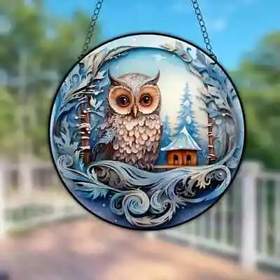 Buy Snowy Owl Design Suncatcher Stained Glass Effect Home Decor Christmas Gift • 6.95£