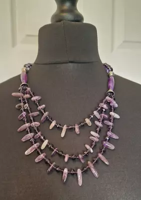 Buy Amethyst Glass Stone Beaded 3 Strand Necklace • 19.99£